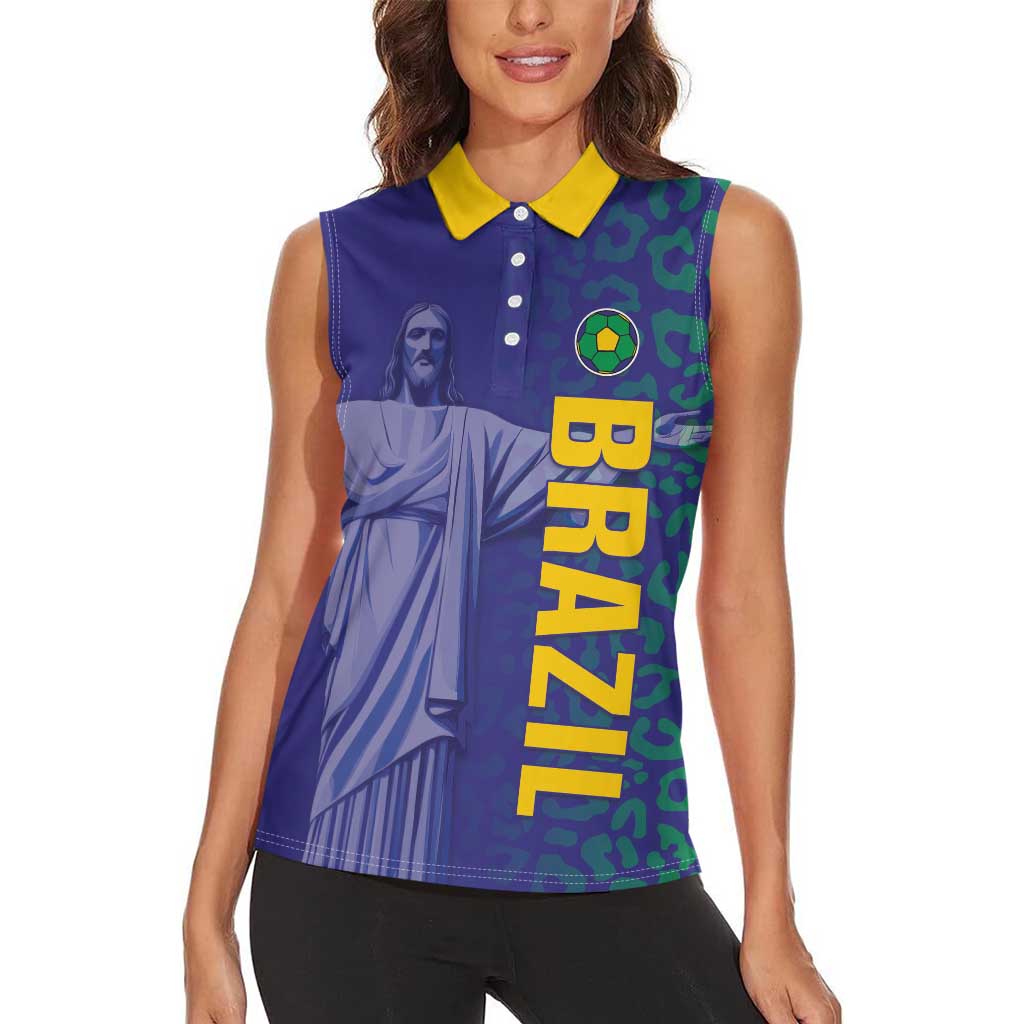 Custom Brazil Football Women Sleeveless Polo Shirt With Leopard Pattern