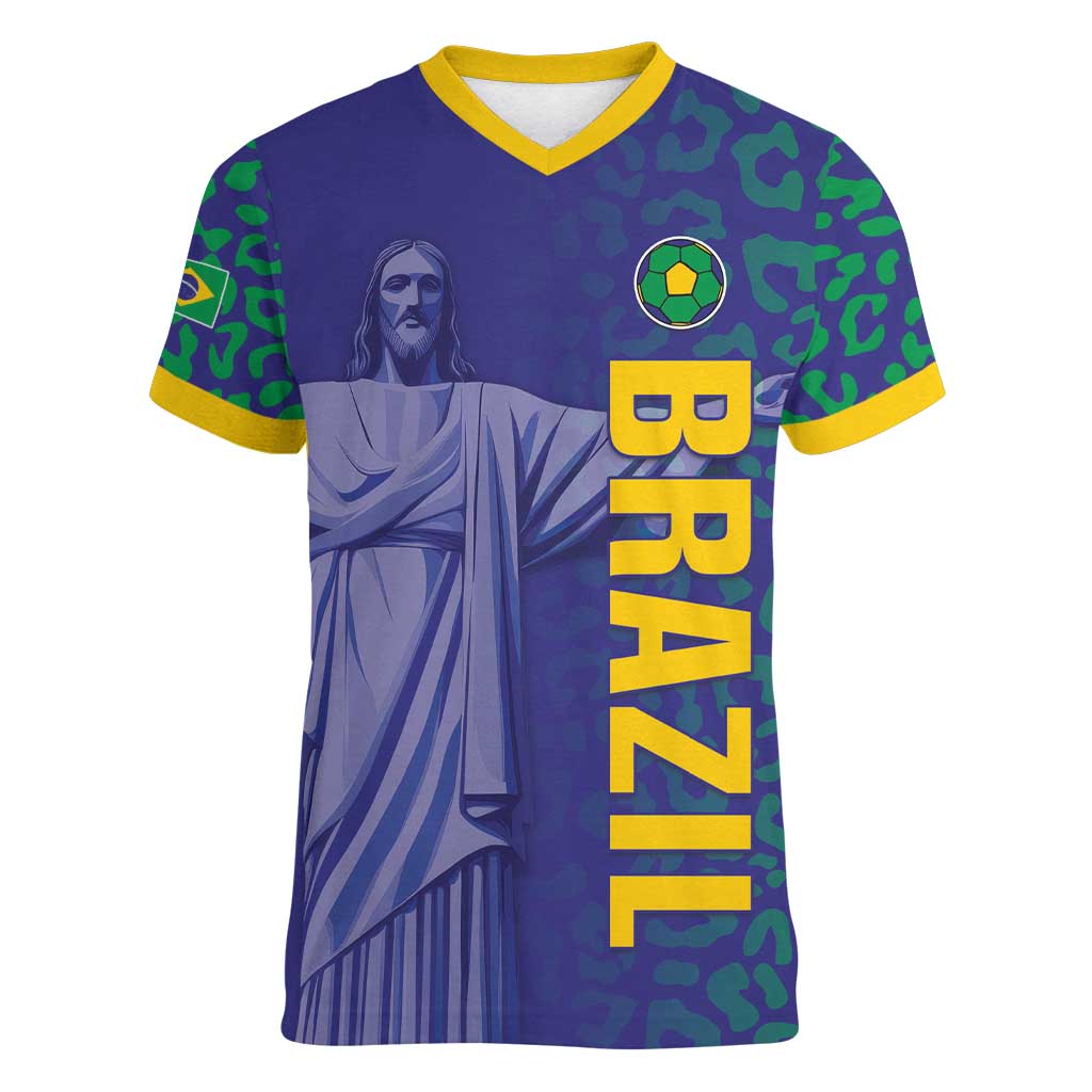 Custom Brazil Football Women V-Neck T-Shirt With Leopard Pattern