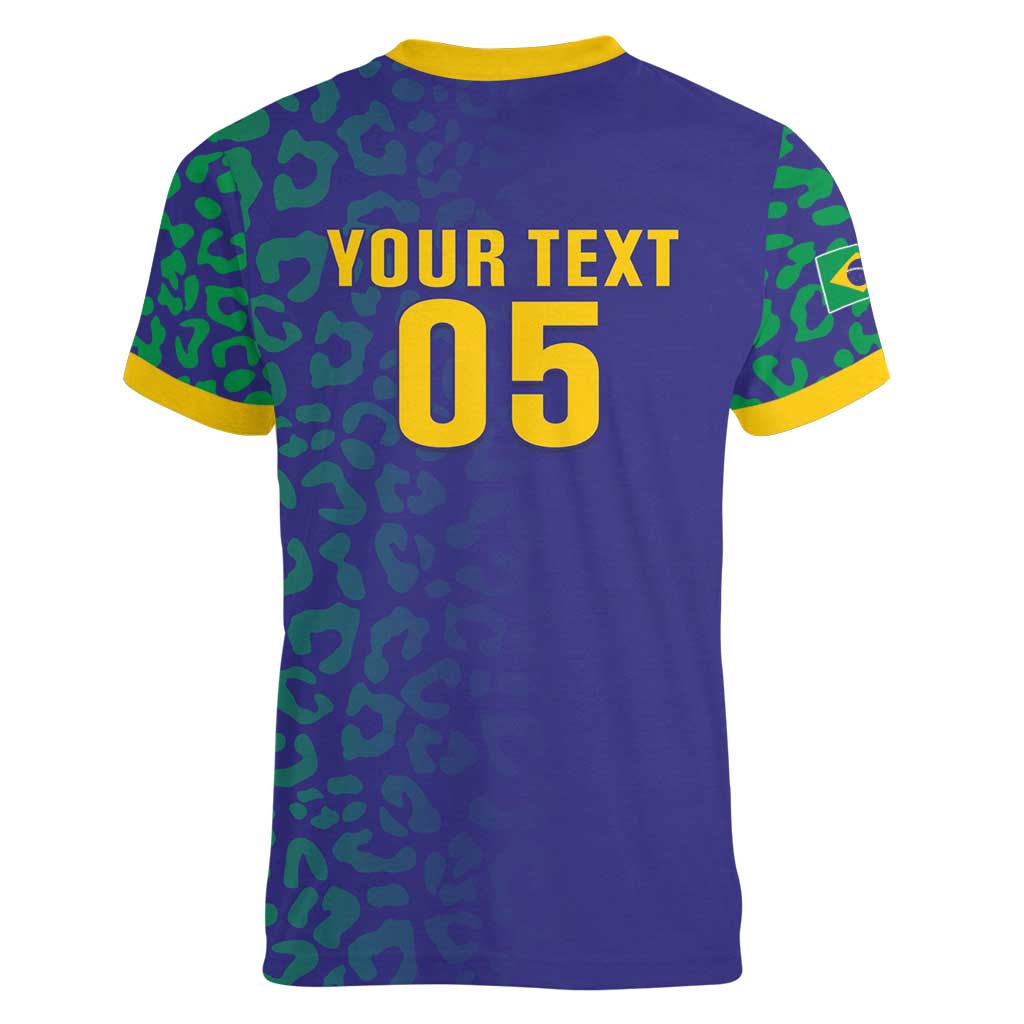 Custom Brazil Football Women V-Neck T-Shirt With Leopard Pattern