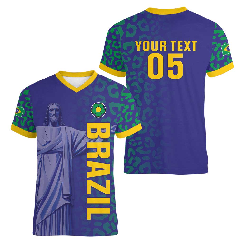 Custom Brazil Football Women V-Neck T-Shirt With Leopard Pattern
