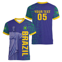 Custom Brazil Football Women V-Neck T-Shirt With Leopard Pattern