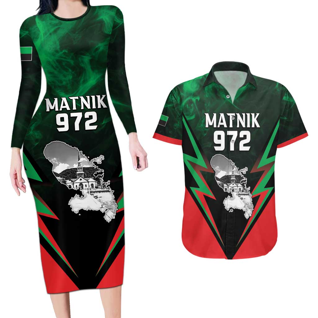 Personalized Martinique 972 Couples Matching Long Sleeve Bodycon Dress and Hawaiian Shirt Matnik Map