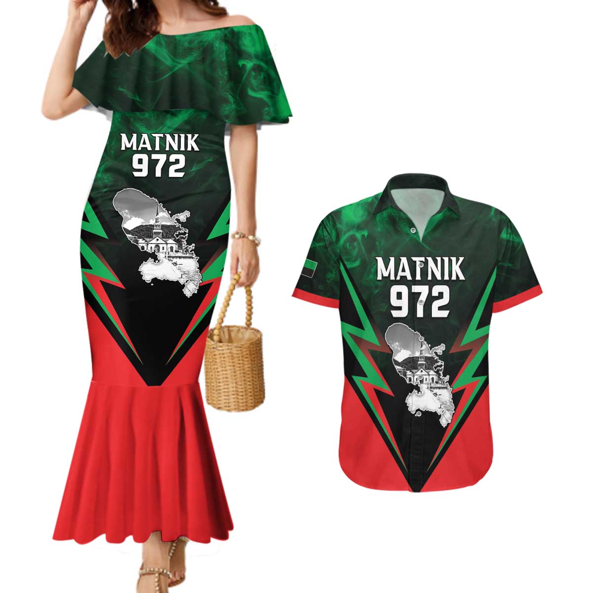 Personalized Martinique 972 Couples Matching Mermaid Dress and Hawaiian Shirt Matnik Map