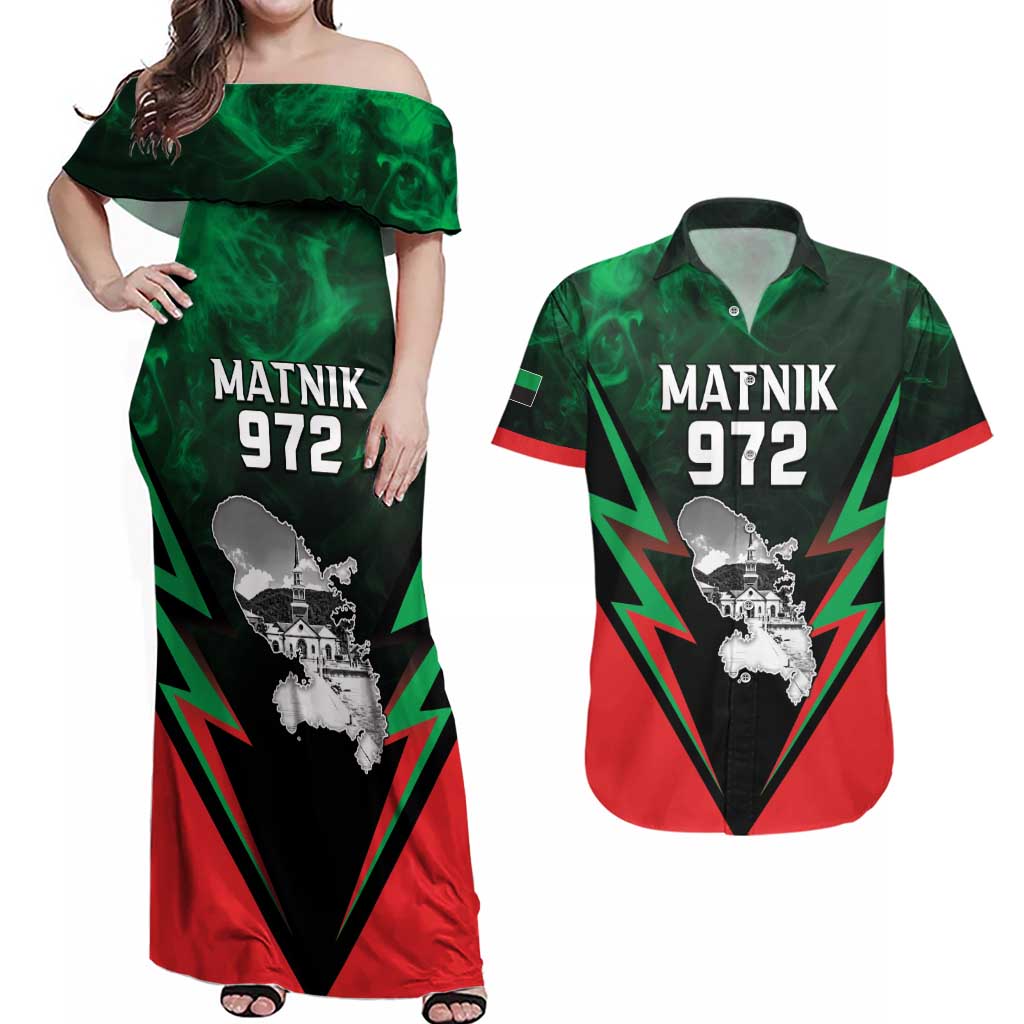 Personalized Martinique 972 Couples Matching Off Shoulder Maxi Dress and Hawaiian Shirt Matnik Map