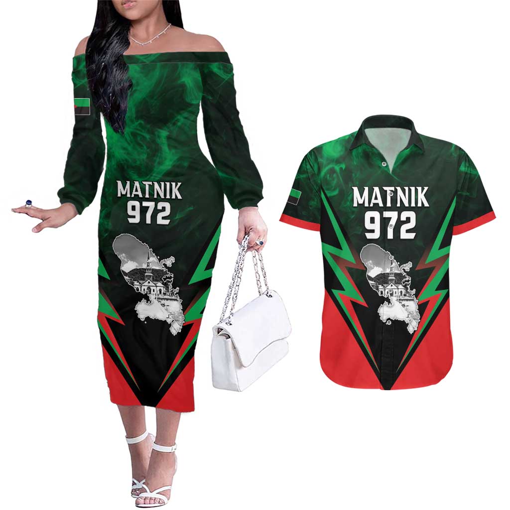 Personalized Martinique 972 Couples Matching Off The Shoulder Long Sleeve Dress and Hawaiian Shirt Matnik Map
