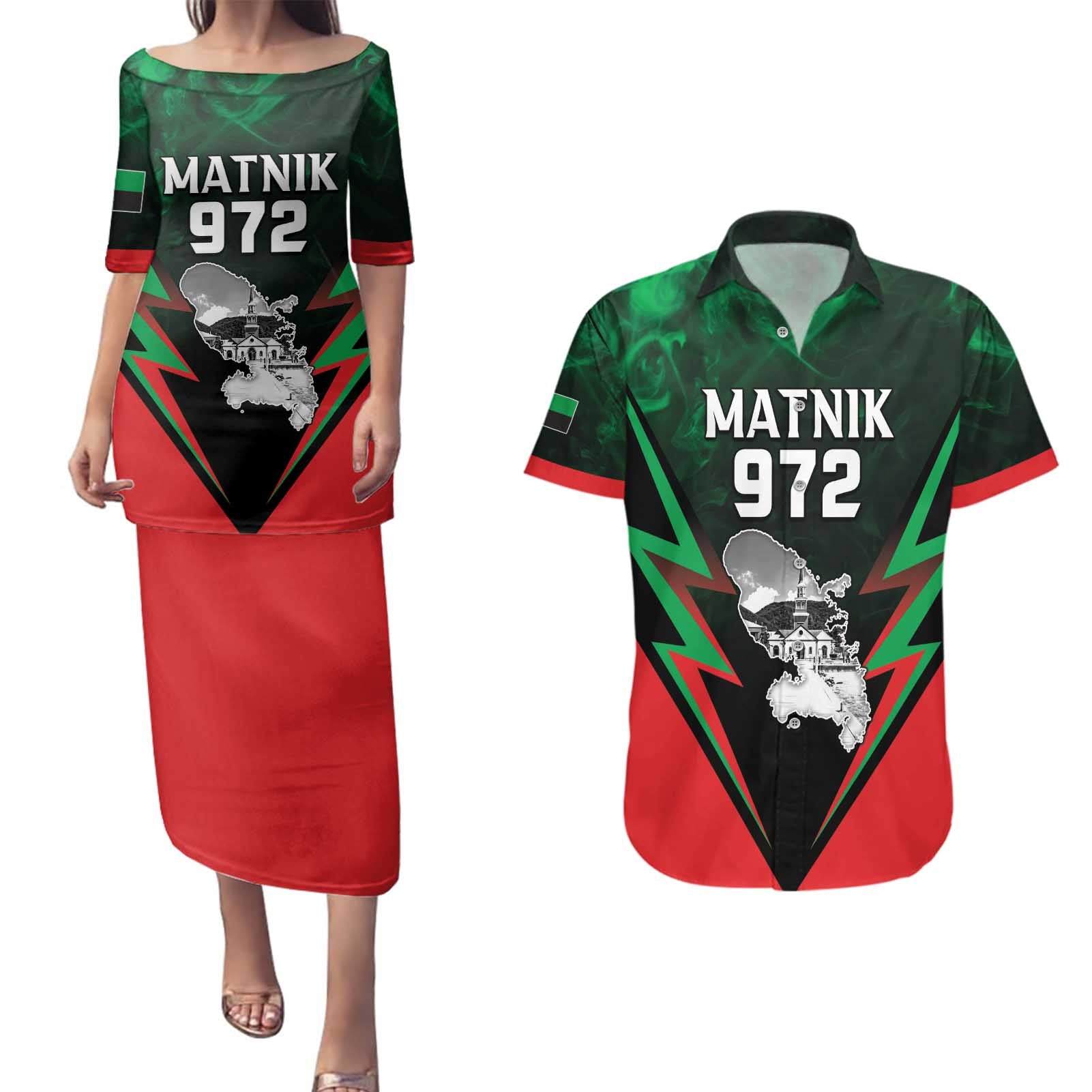 Personalized Martinique 972 Couples Matching Puletasi and Hawaiian Shirt Matnik Map