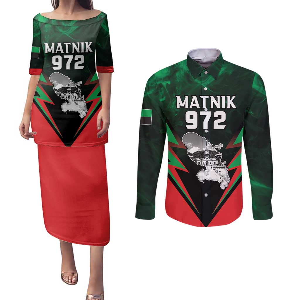 Personalized Martinique 972 Couples Matching Puletasi and Long Sleeve Button Shirt Matnik Map