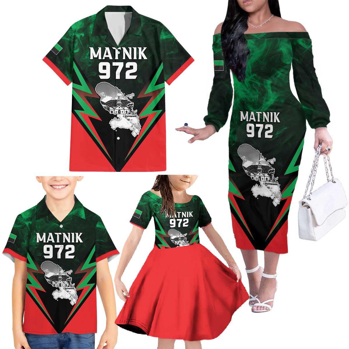 Personalized Martinique 972 Family Matching Off The Shoulder Long Sleeve Dress and Hawaiian Shirt Matnik Map