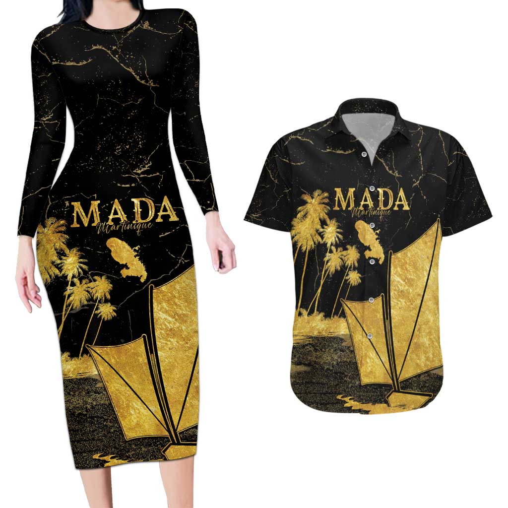 Mada Martinique Couples Matching Long Sleeve Bodycon Dress and Hawaiian Shirt Martinique Yole Gold