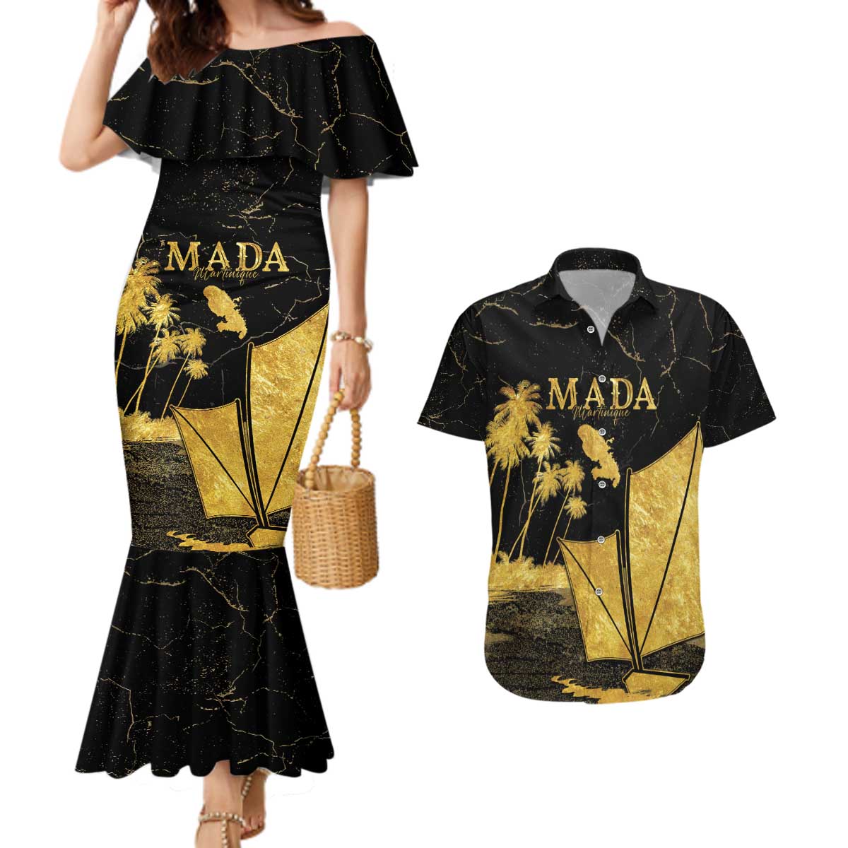 Mada Martinique Couples Matching Mermaid Dress and Hawaiian Shirt Martinique Yole Gold