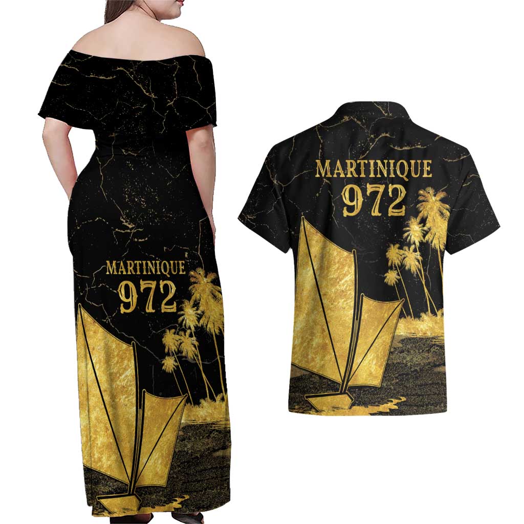 Mada Martinique Couples Matching Off Shoulder Maxi Dress and Hawaiian Shirt Martinique Yole Gold
