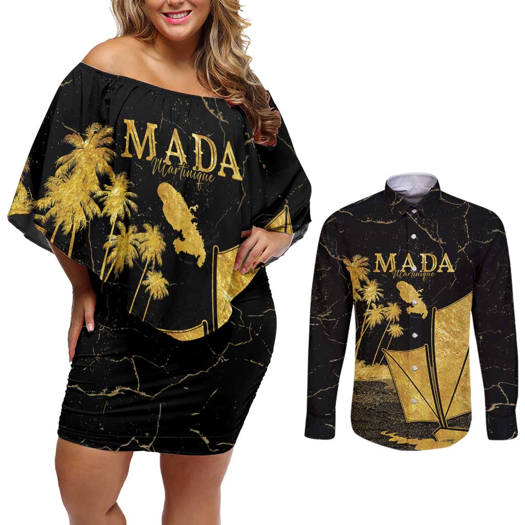 Mada Martinique Couples Matching Off Shoulder Short Dress and Long Sleeve Button Shirt Martinique Yole Gold