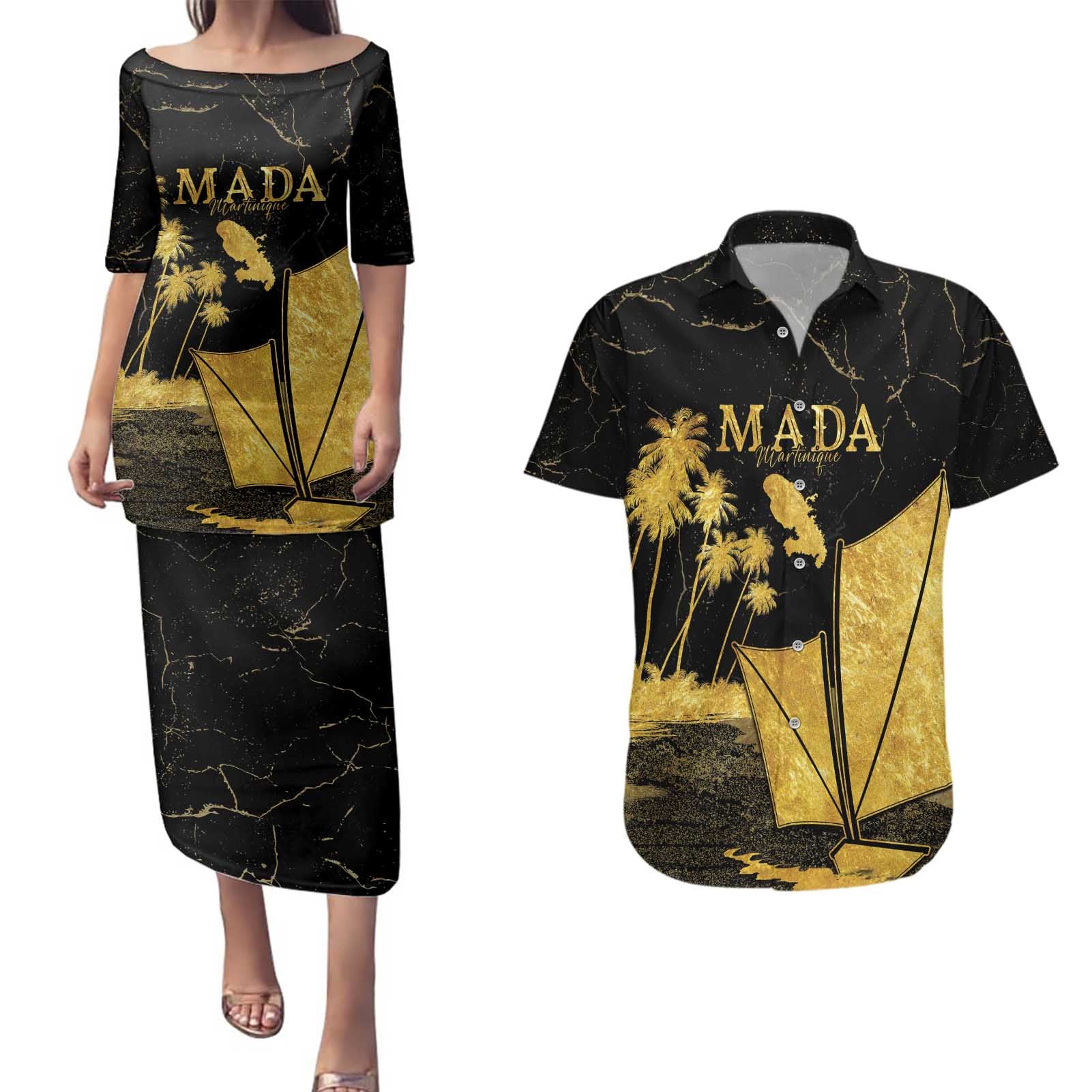 Mada Martinique Couples Matching Puletasi and Hawaiian Shirt Martinique Yole Gold