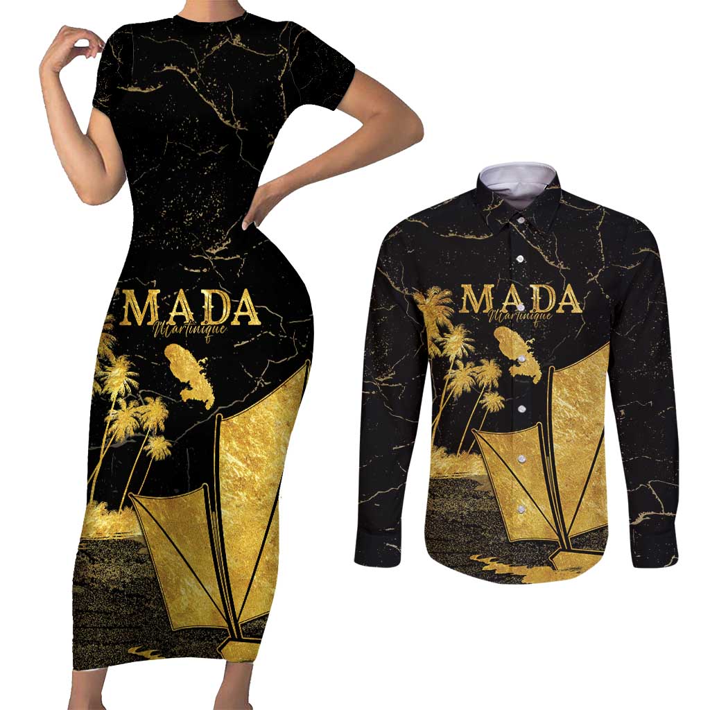 Mada Martinique Couples Matching Short Sleeve Bodycon Dress and Long Sleeve Button Shirt Martinique Yole Gold