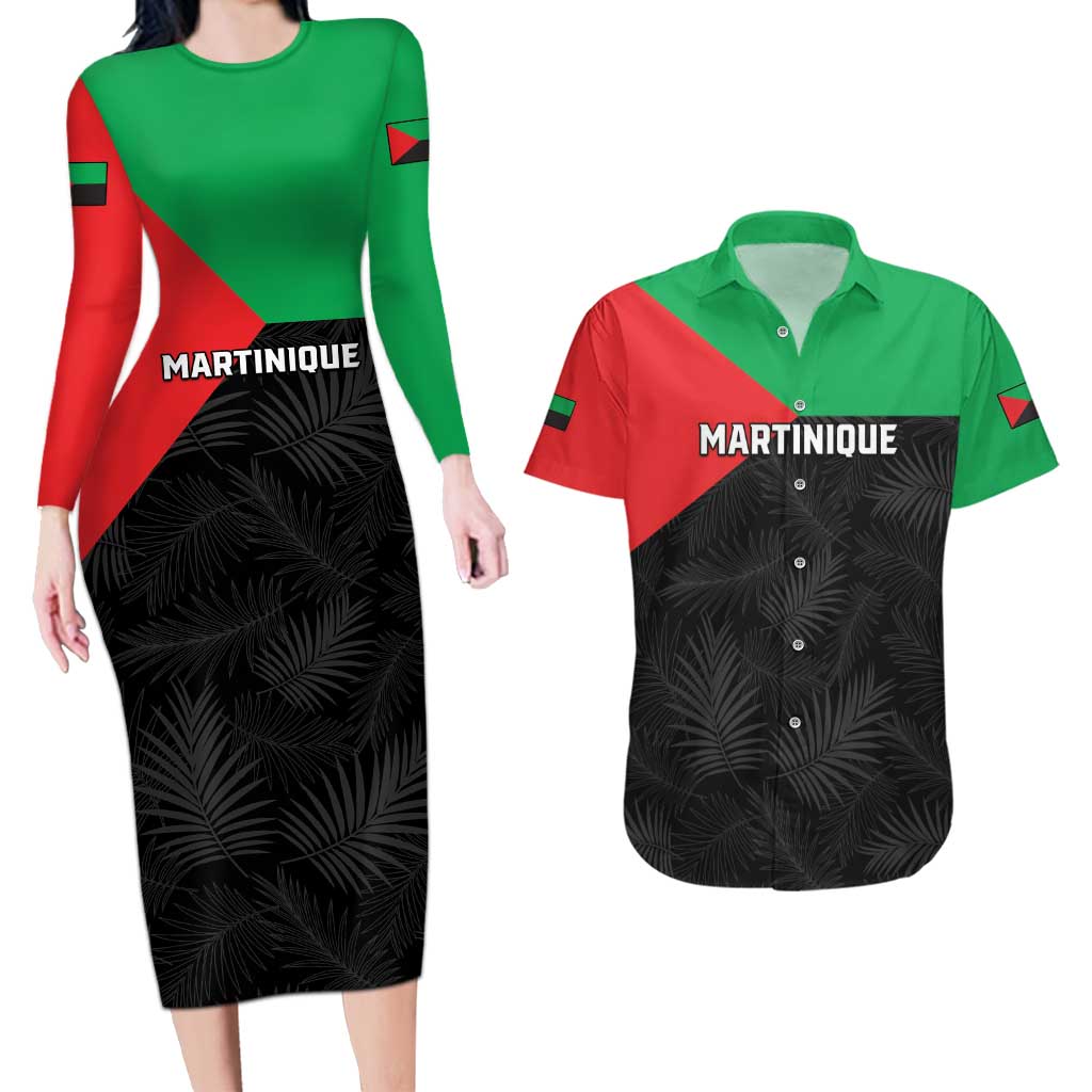 Personalized Martinique Couples Matching Long Sleeve Bodycon Dress and Hawaiian Shirt Simple Style With Palm Leaf Pattern