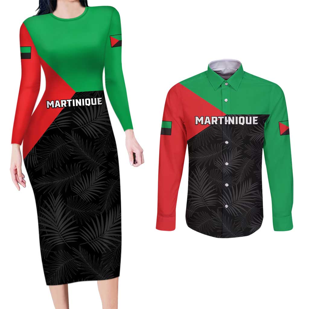 Personalized Martinique Couples Matching Long Sleeve Bodycon Dress and Long Sleeve Button Shirt Simple Style With Palm Leaf Pattern