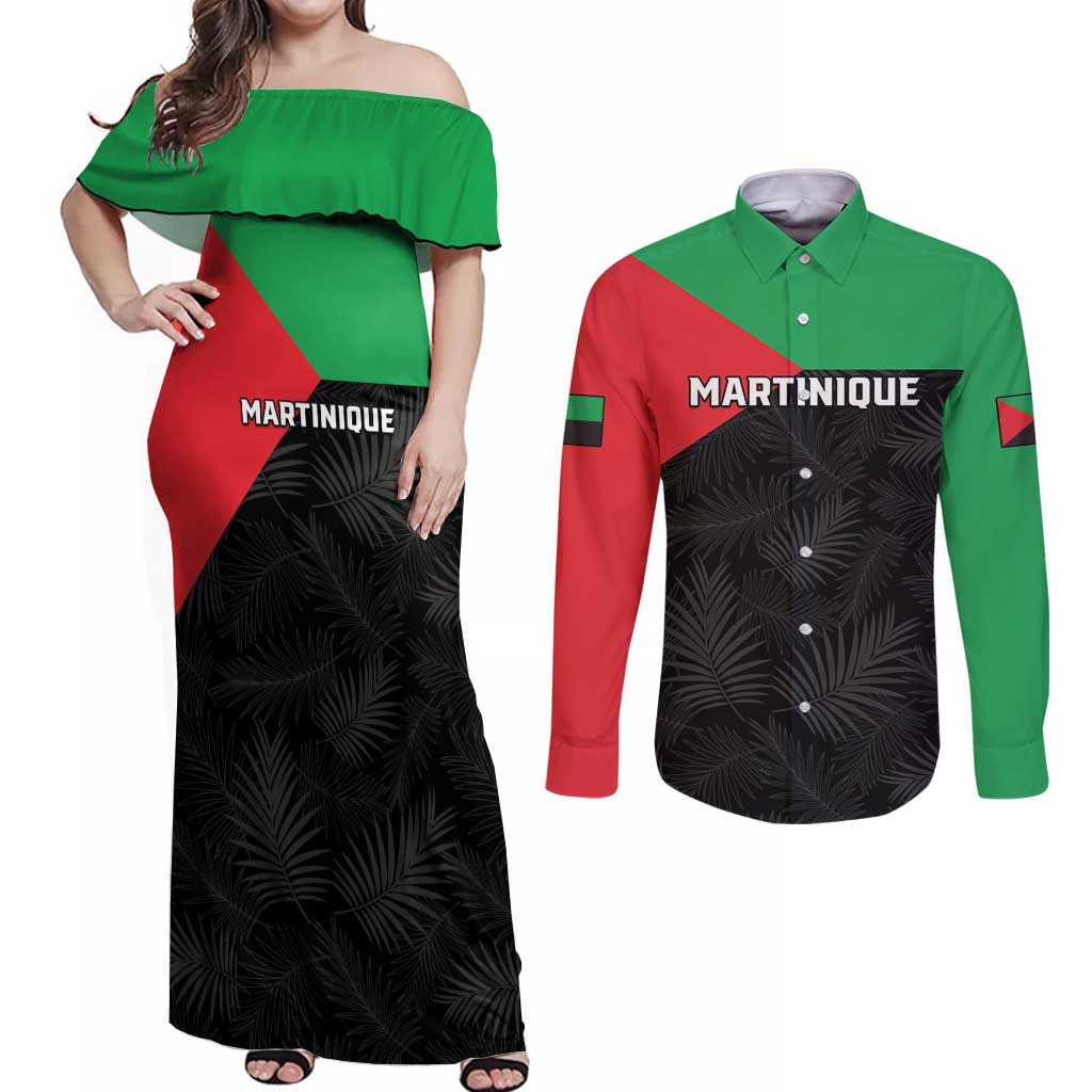 Personalized Martinique Couples Matching Off Shoulder Maxi Dress and Long Sleeve Button Shirt Simple Style With Palm Leaf Pattern