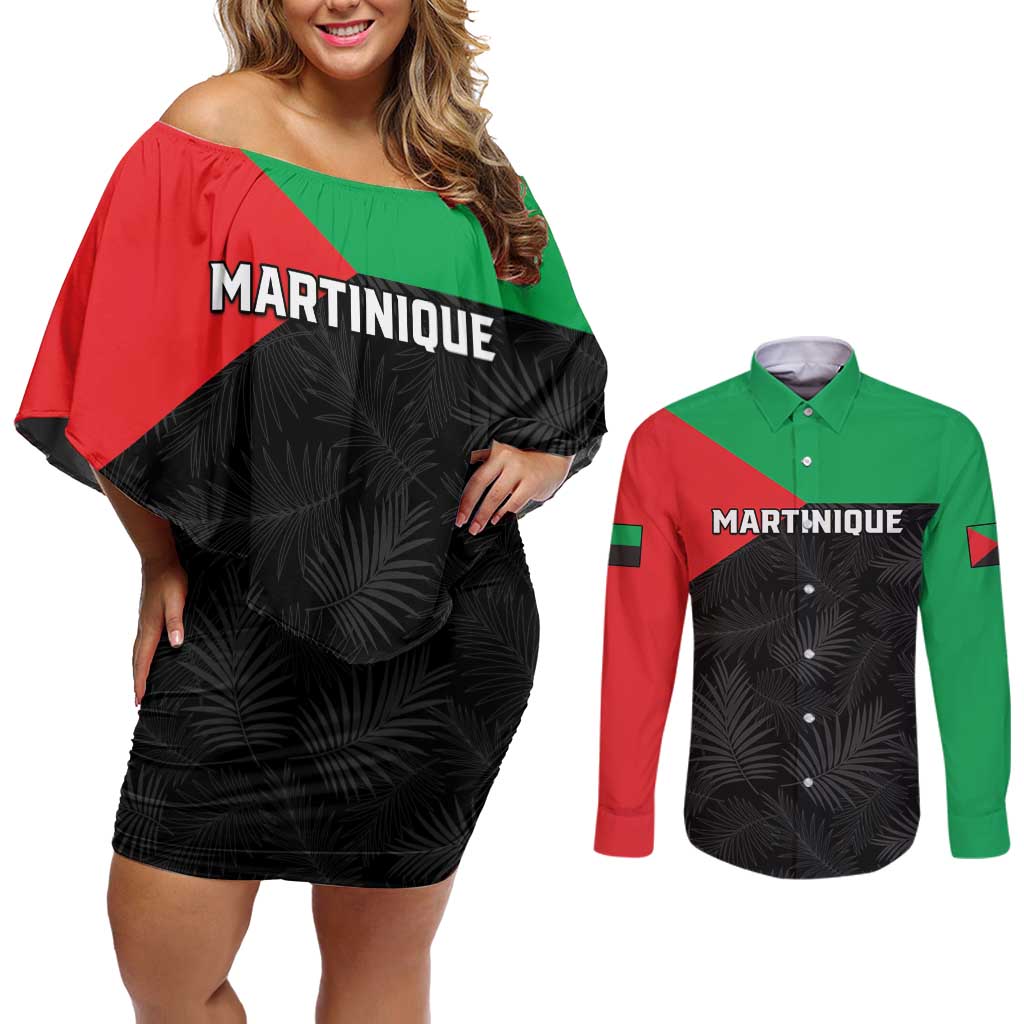 Personalized Martinique Couples Matching Off Shoulder Short Dress and Long Sleeve Button Shirt Simple Style With Palm Leaf Pattern