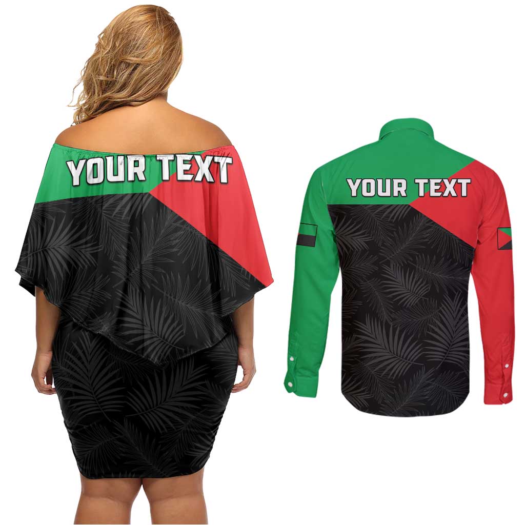 Personalized Martinique Couples Matching Off Shoulder Short Dress and Long Sleeve Button Shirt Simple Style With Palm Leaf Pattern