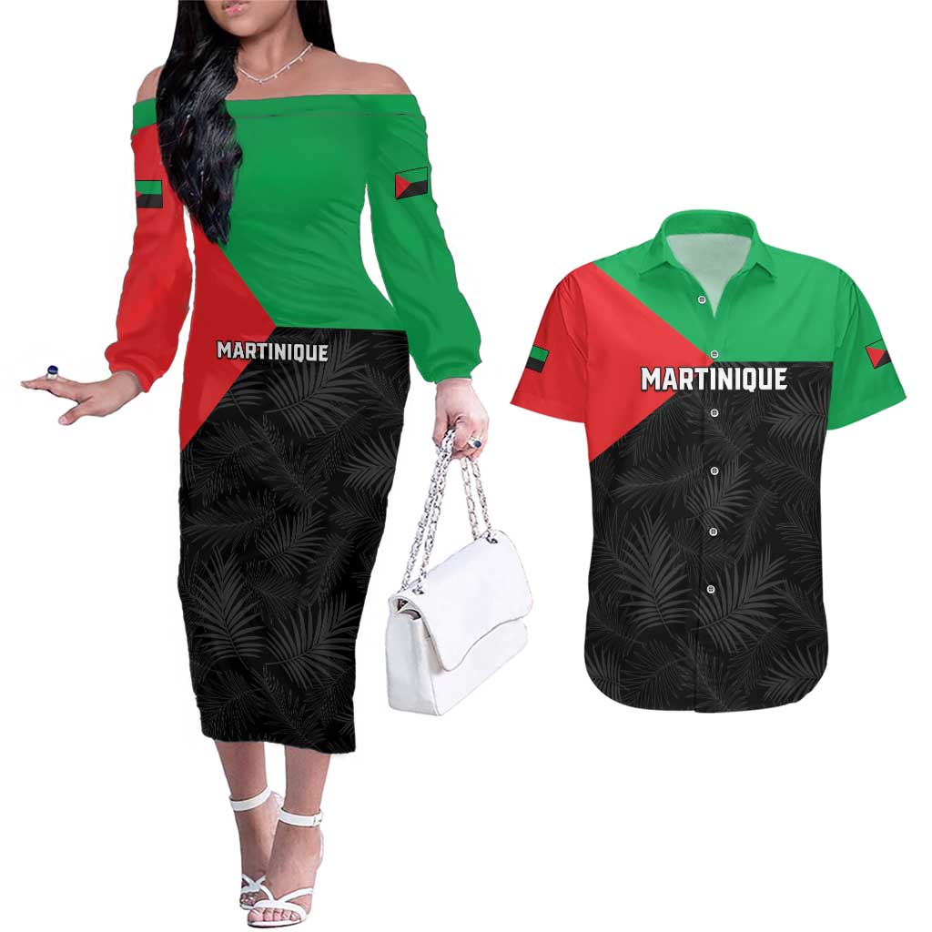 Personalized Martinique Couples Matching Off The Shoulder Long Sleeve Dress and Hawaiian Shirt Simple Style With Palm Leaf Pattern