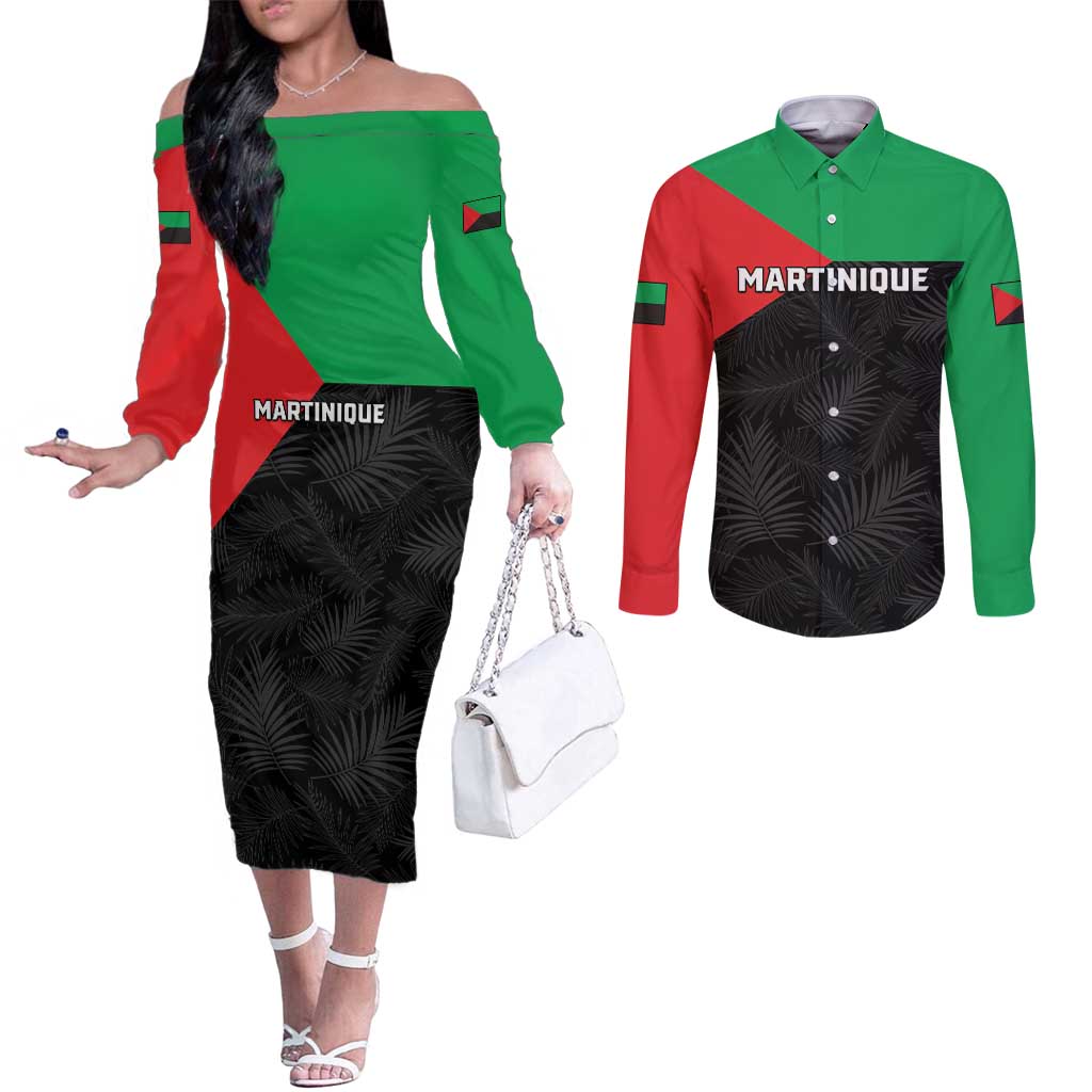 Personalized Martinique Couples Matching Off The Shoulder Long Sleeve Dress and Long Sleeve Button Shirt Simple Style With Palm Leaf Pattern