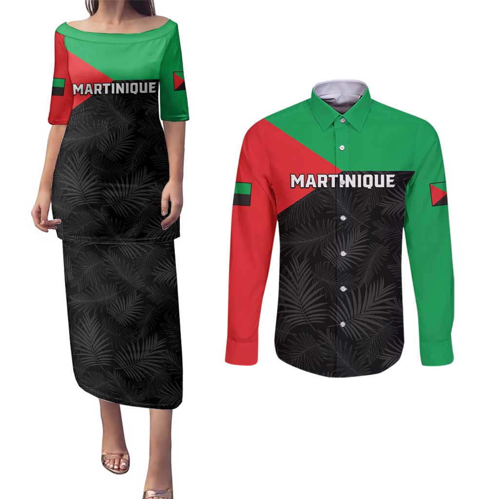 Personalized Martinique Couples Matching Puletasi and Long Sleeve Button Shirt Simple Style With Palm Leaf Pattern