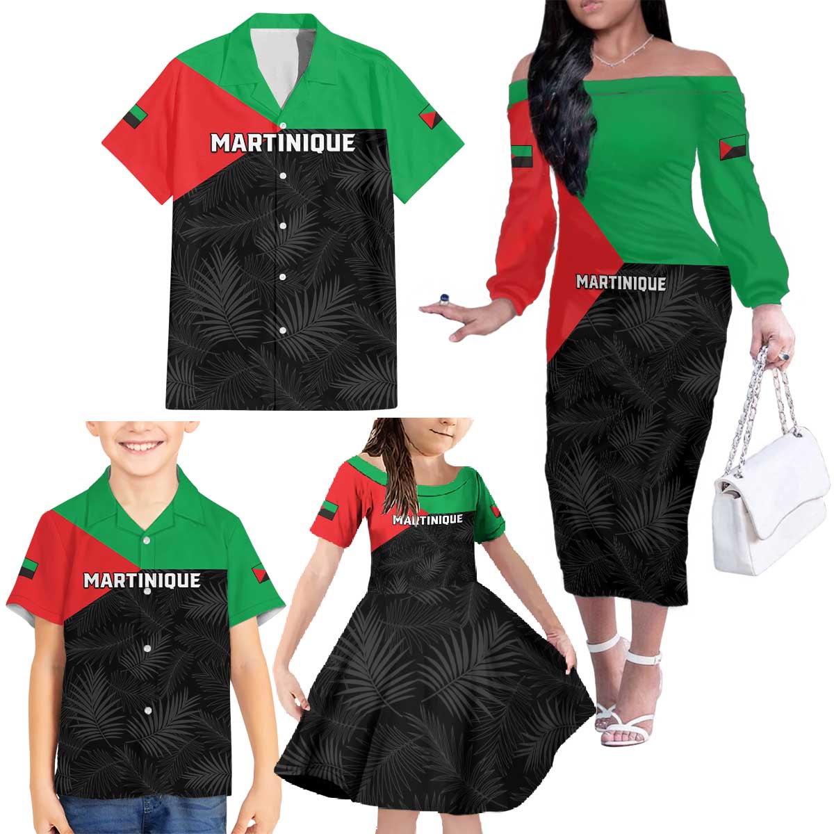 Personalized Martinique Family Matching Off The Shoulder Long Sleeve Dress and Hawaiian Shirt Simple Style With Palm Leaf Pattern
