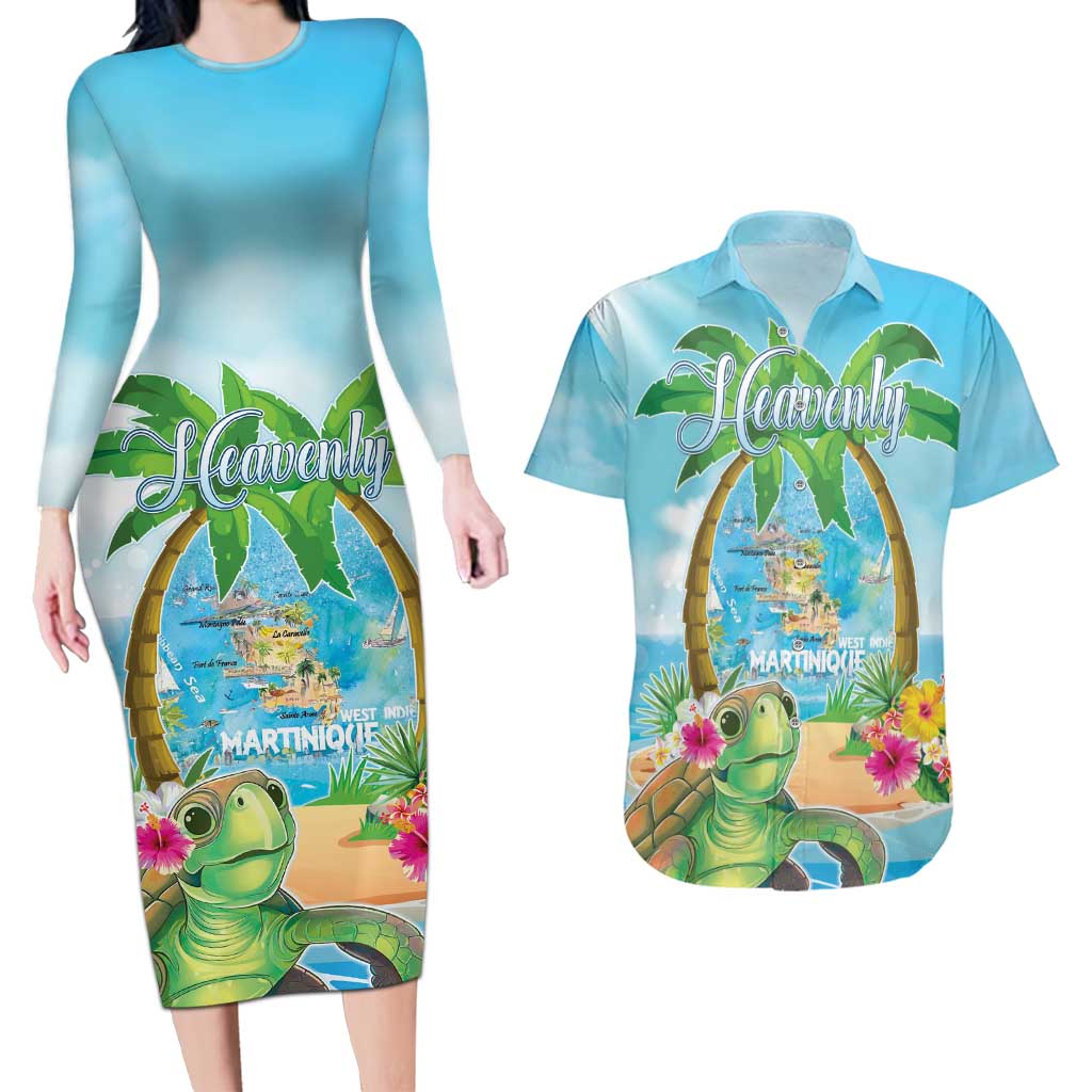 Bonjou Martinique Couples Matching Long Sleeve Bodycon Dress and Hawaiian Shirt Welcome To Heaven
