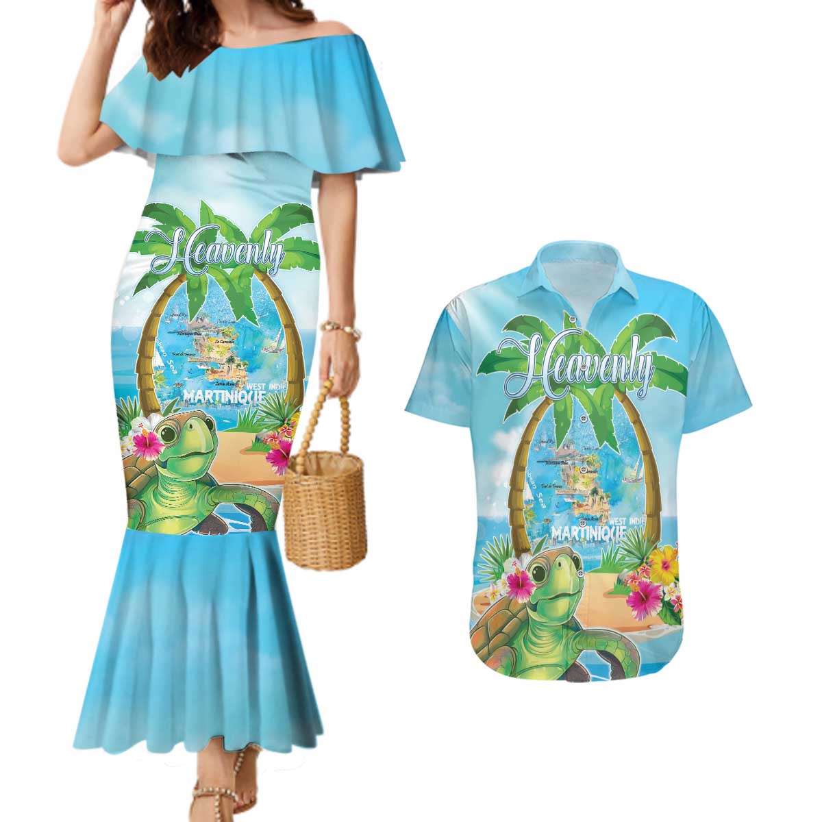 Bonjou Martinique Couples Matching Mermaid Dress and Hawaiian Shirt Welcome To Heaven
