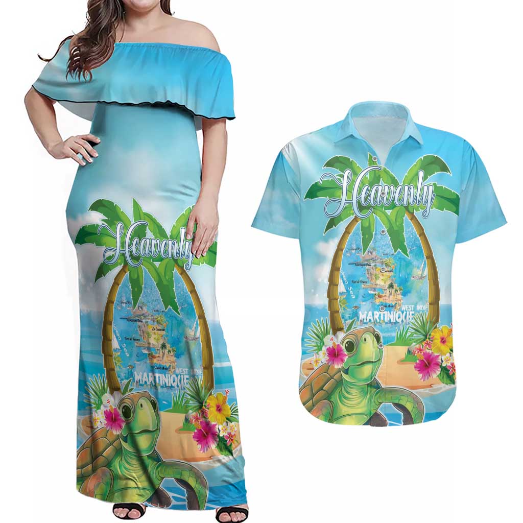 Bonjou Martinique Couples Matching Off Shoulder Maxi Dress and Hawaiian Shirt Welcome To Heaven