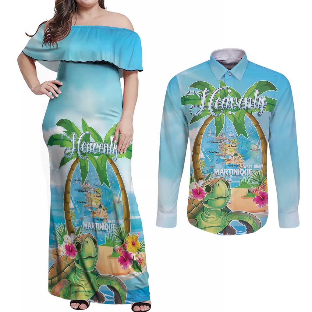 Bonjou Martinique Couples Matching Off Shoulder Maxi Dress and Long Sleeve Button Shirt Welcome To Heaven