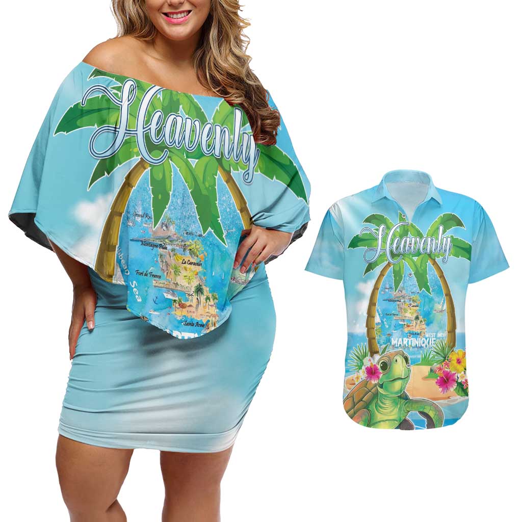 Bonjou Martinique Couples Matching Off Shoulder Short Dress and Hawaiian Shirt Welcome To Heaven