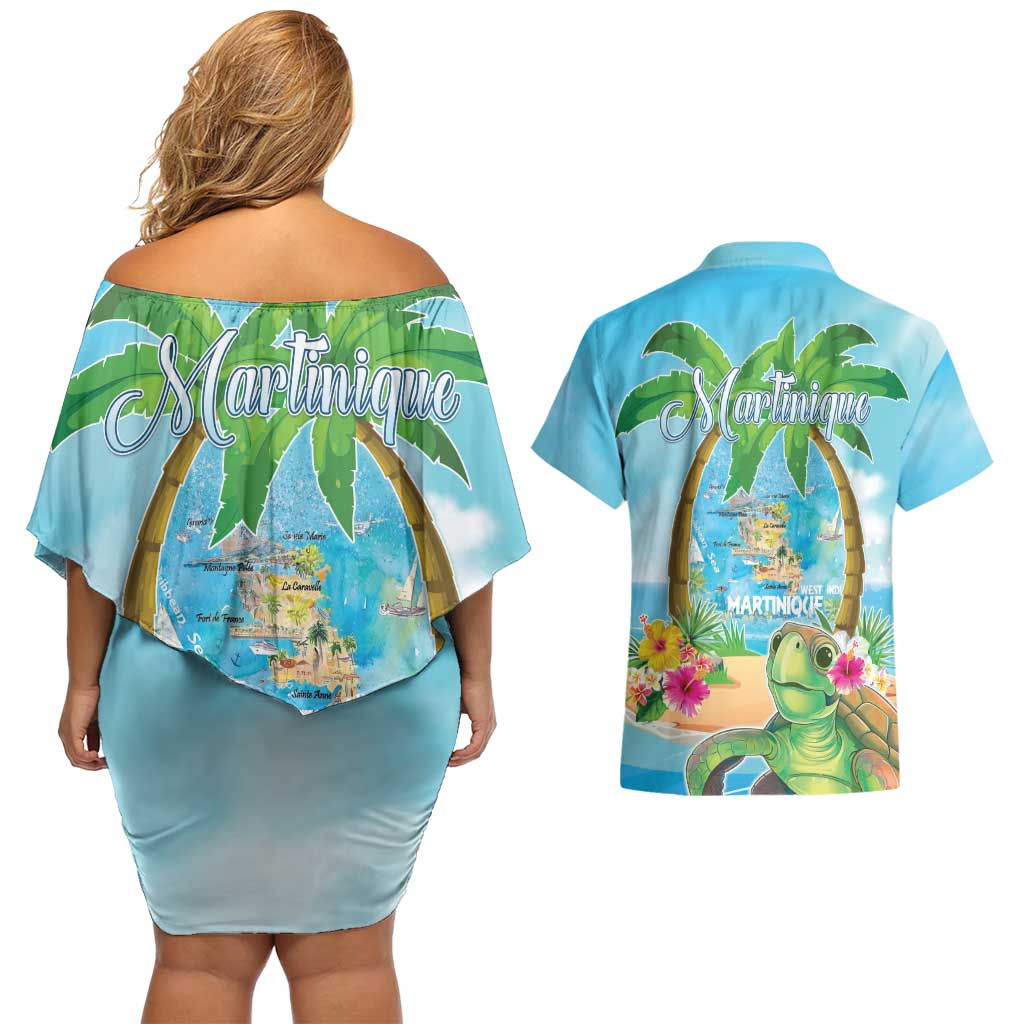 Bonjou Martinique Couples Matching Off Shoulder Short Dress and Hawaiian Shirt Welcome To Heaven