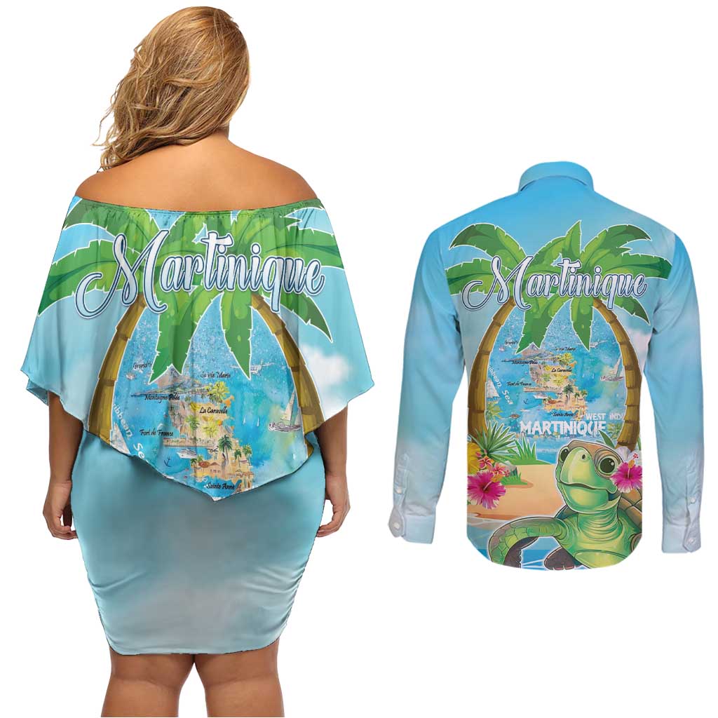 Bonjou Martinique Couples Matching Off Shoulder Short Dress and Long Sleeve Button Shirt Welcome To Heaven