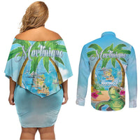 Bonjou Martinique Couples Matching Off Shoulder Short Dress and Long Sleeve Button Shirt Welcome To Heaven