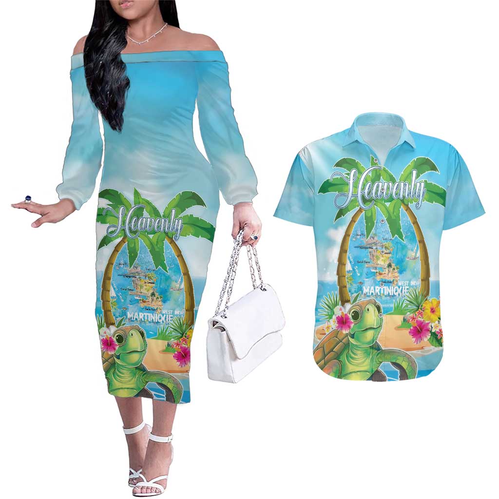 Bonjou Martinique Couples Matching Off The Shoulder Long Sleeve Dress and Hawaiian Shirt Welcome To Heaven