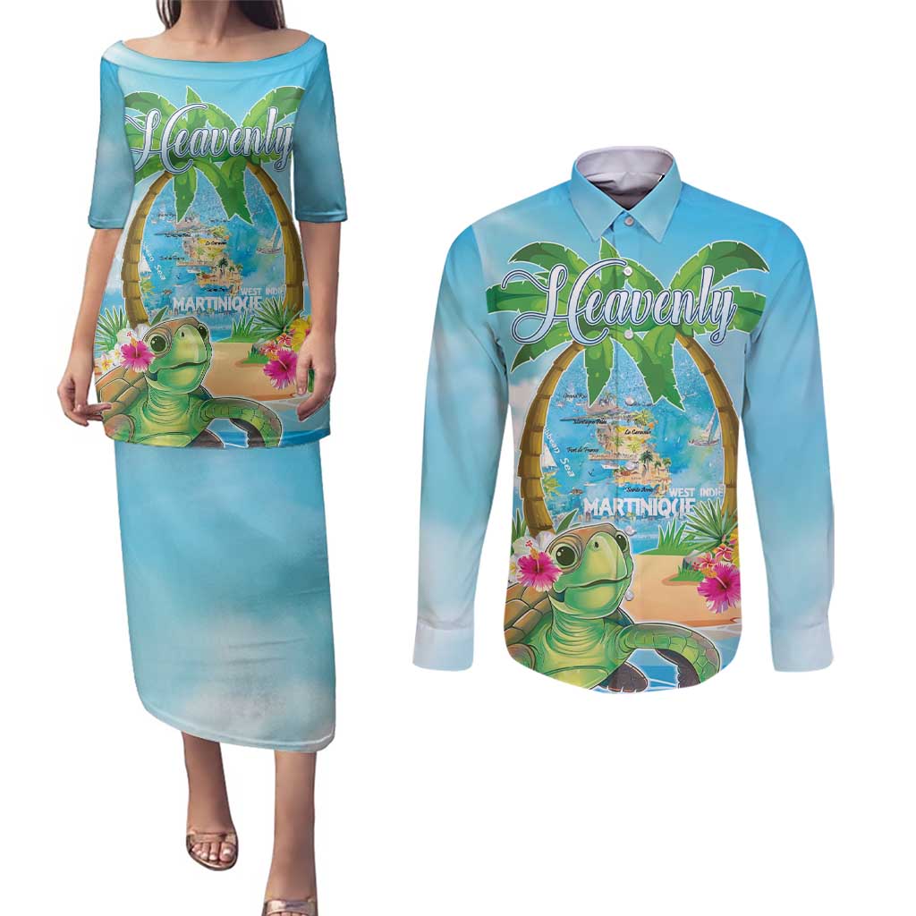 Bonjou Martinique Couples Matching Puletasi and Long Sleeve Button Shirt Welcome To Heaven