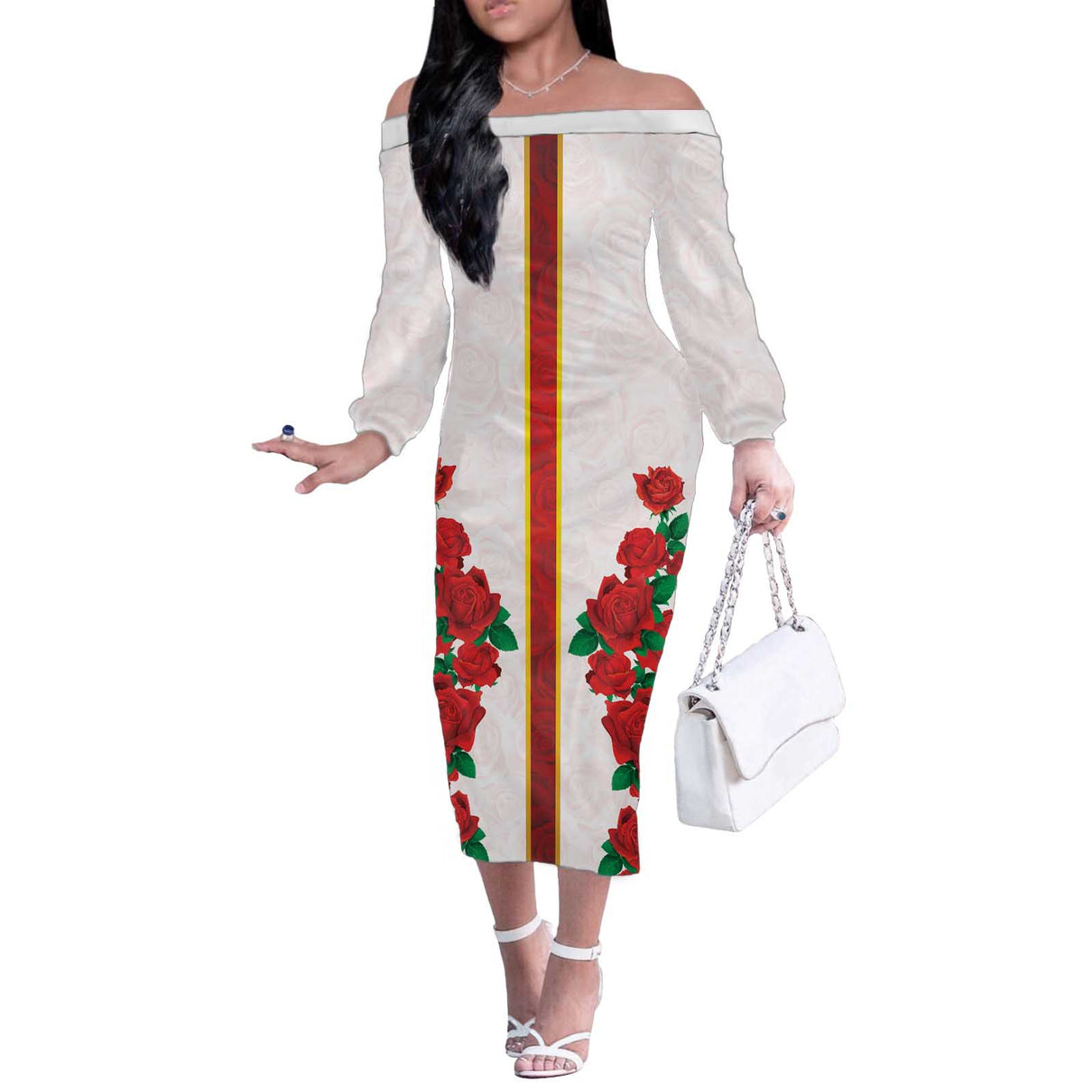 Kentucky Horse Racing Off The Shoulder Long Sleeve Dress Rose Floral
