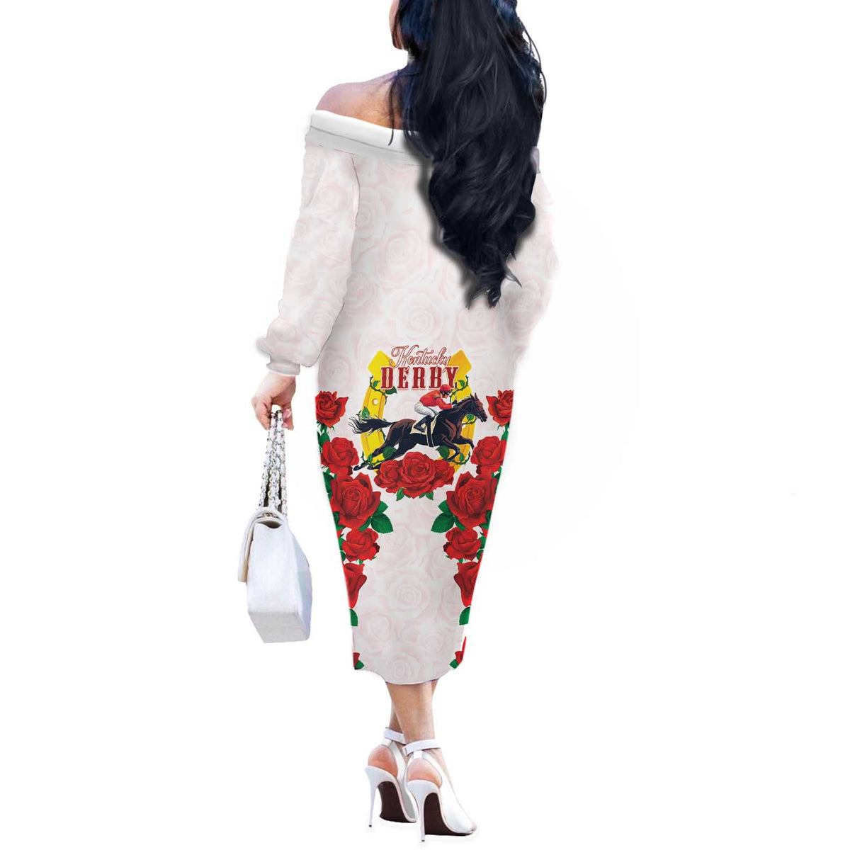 Kentucky Horse Racing Off The Shoulder Long Sleeve Dress Rose Floral