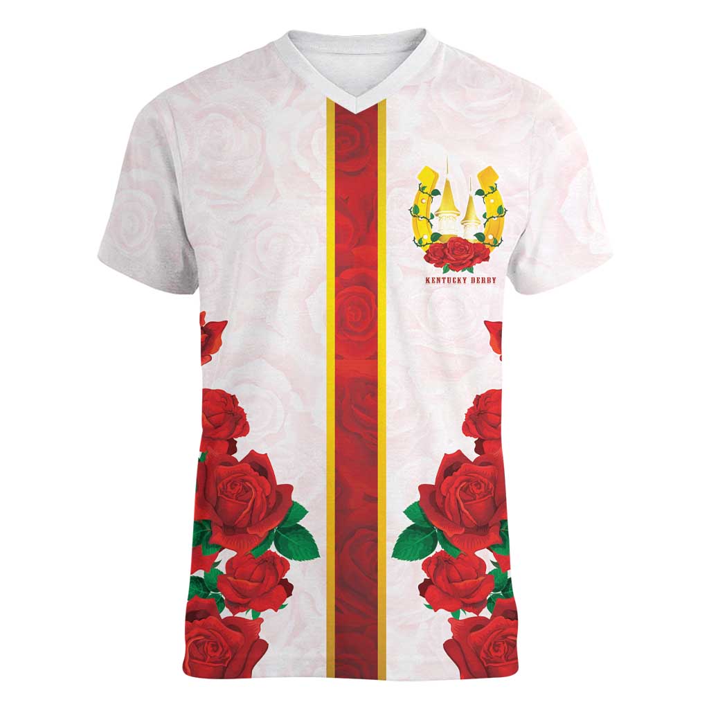 Kentucky Horse Racing Women V-Neck T-Shirt Rose Floral
