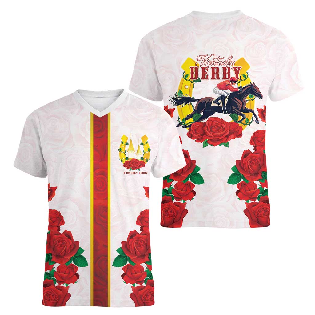Kentucky Horse Racing Women V-Neck T-Shirt Rose Floral