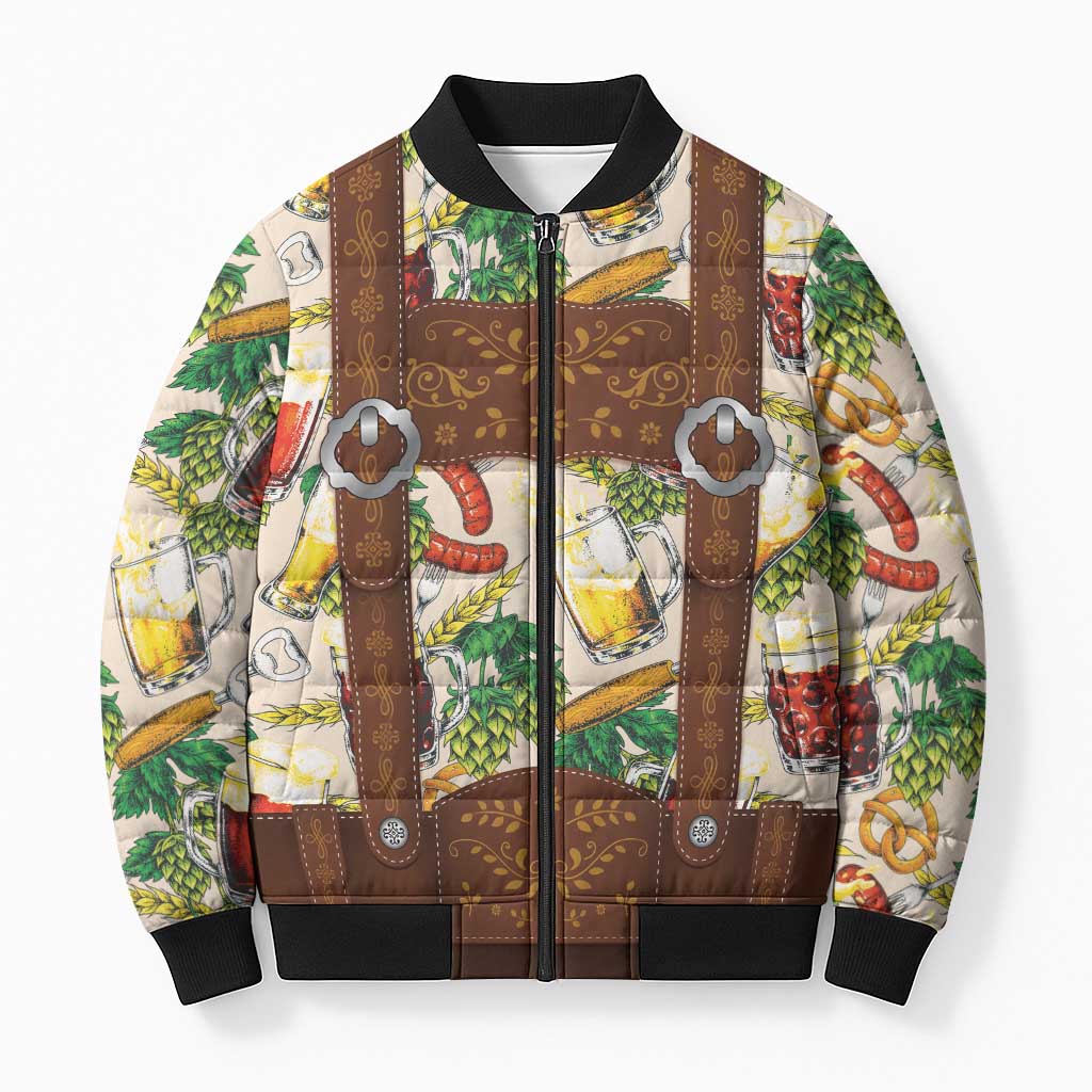 Oktoberfest Lederhosen Costume Bomber Puffer Jacket Food And Drink Pattern - Wonder Print Shop