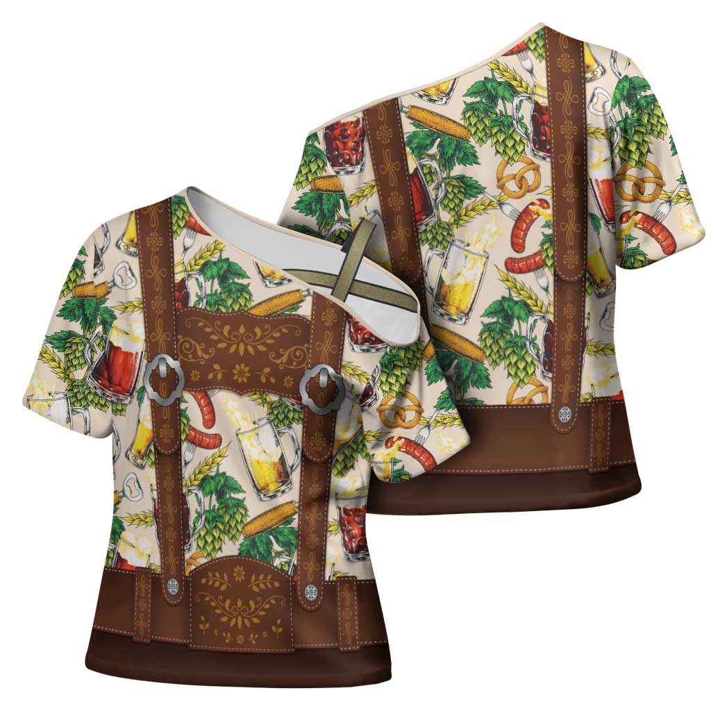 Oktoberfest Lederhosen Costume Cross Shoulder Shirt Food And Drink Pattern - Wonder Print Shop