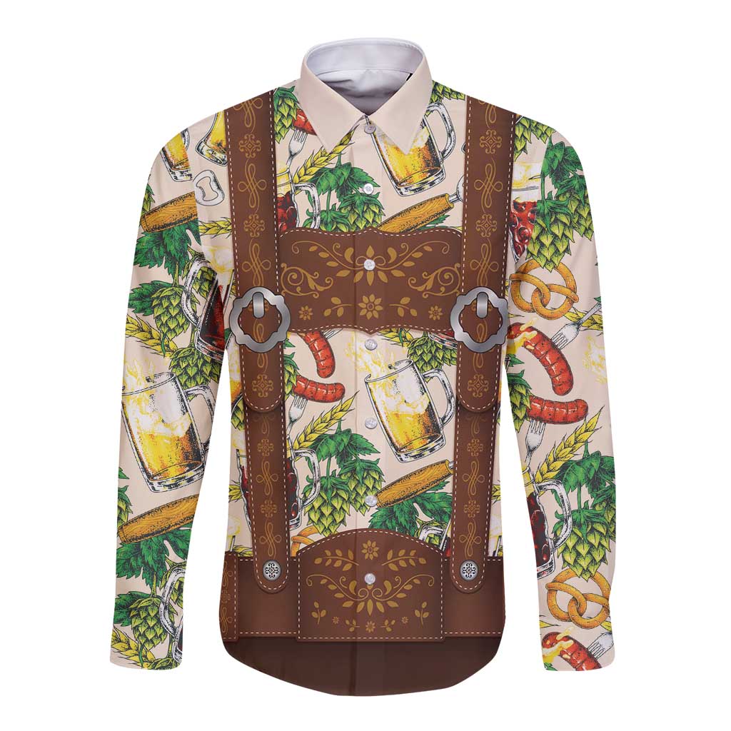Oktoberfest Lederhosen Costume Long Sleeve Button Shirt Food And Drink Pattern - Wonder Print Shop