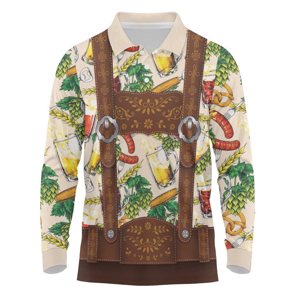 Oktoberfest Lederhosen Costume Long Sleeve Polo Shirt Food And Drink Pattern - Wonder Print Shop