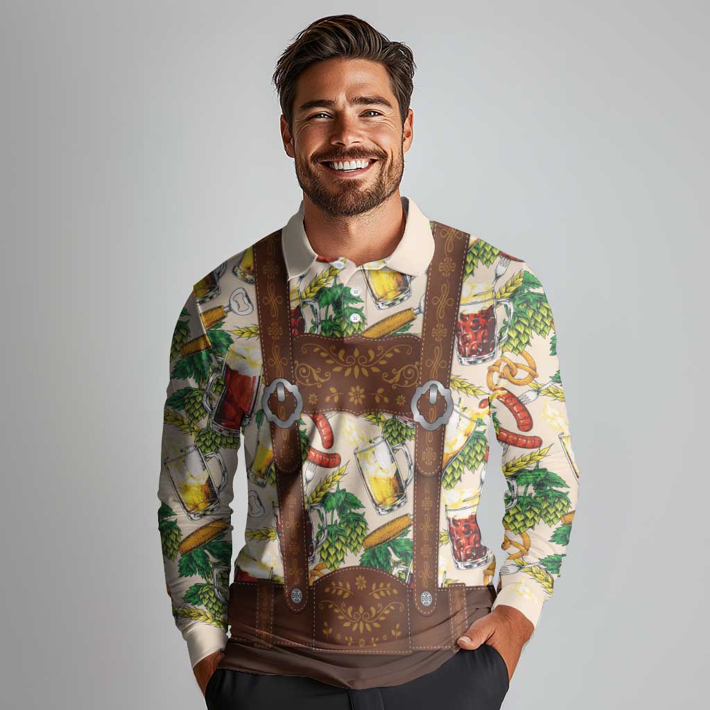 Oktoberfest Lederhosen Costume Long Sleeve Polo Shirt Food And Drink Pattern - Wonder Print Shop