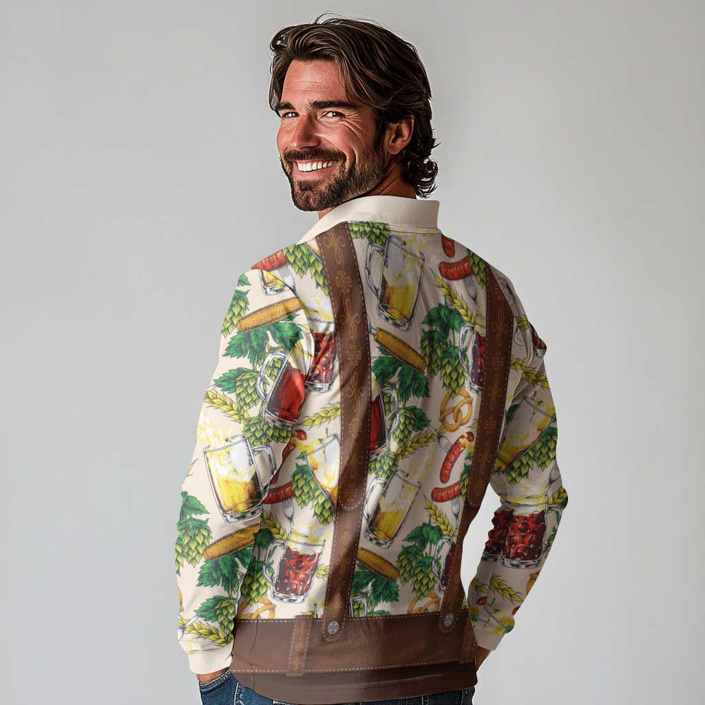 Oktoberfest Lederhosen Costume Long Sleeve Polo Shirt Food And Drink Pattern - Wonder Print Shop