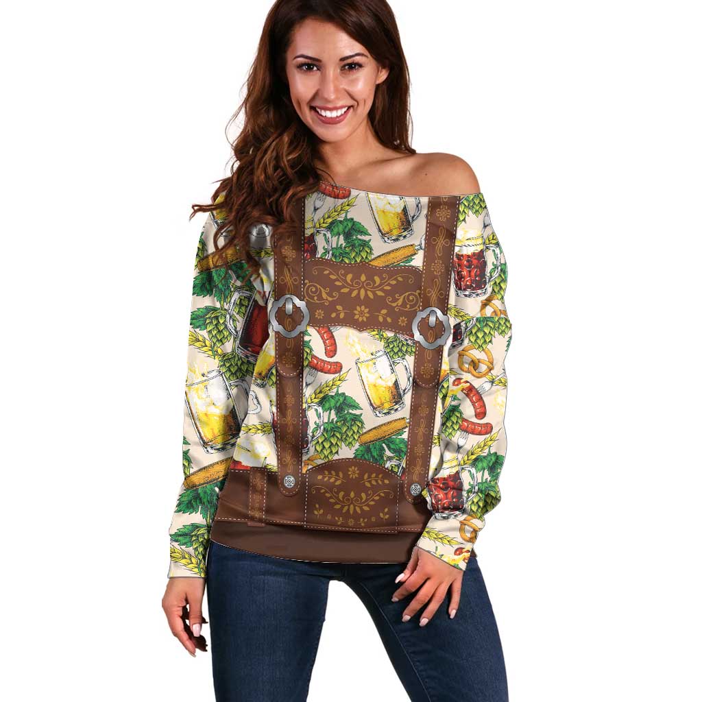 Oktoberfest Lederhosen Costume Off Shoulder Sweater Food And Drink Pattern - Wonder Print Shop