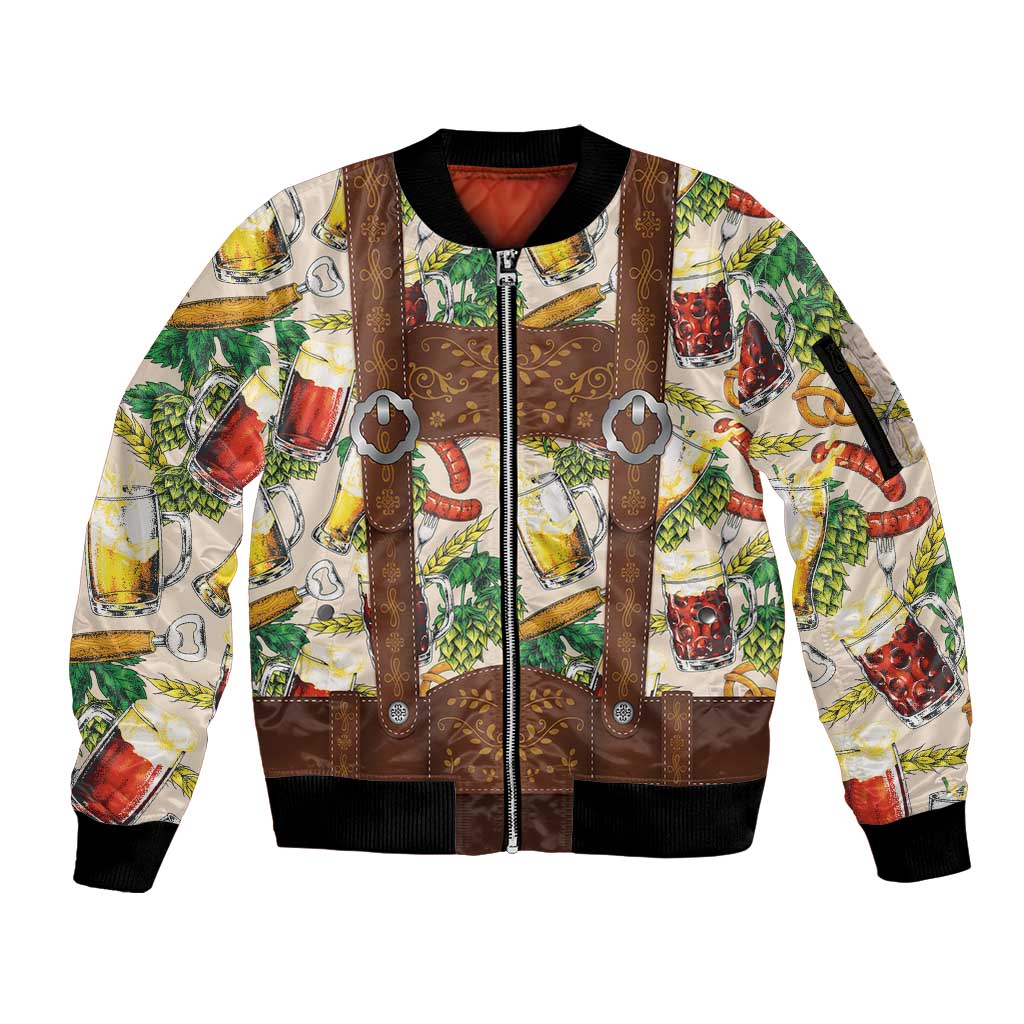 Oktoberfest Lederhosen Costume Sleeve Zip Bomber Jacket Food And Drink Pattern - Wonder Print Shop