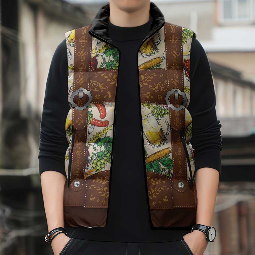 Oktoberfest Lederhosen Costume Sleeveless Puffer Jacket Food And Drink Pattern - Wonder Print Shop